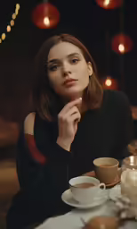 a young woman with her hand on her chin, is staring straight ahead