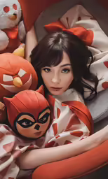a girl laying in her bed with a teddy bear and other items