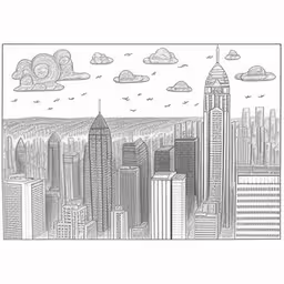 a drawing of a city skyline in the distance,a city drawing is shown in this black and white photo
