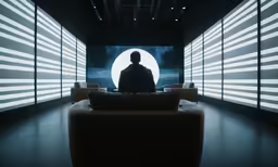 man in an dimly lit space watching a large movie