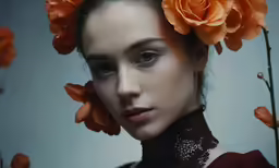there is a woman that has flowers on her head