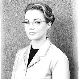 a woman in glasses is wearing a white jacket