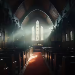 light from the alter shines through a church