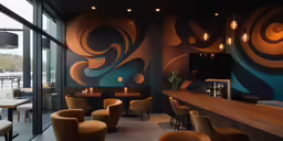 this is a large restaurant with bright orange, black and brown designs