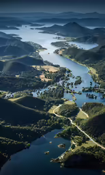 a small town on the edge of a river, surrounded by green hills and water