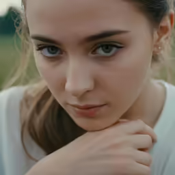 a close up photo of a young woman looking concerned