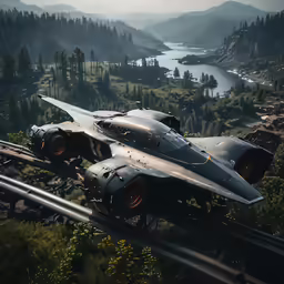 two futuristic, stealth fighter jets traveling in the air