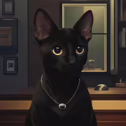 a very cute black cat with a metal necklace