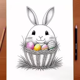 drawing of easter basket with painted eggs and a black and white pencil,a hand drawn picture of an easter bunny