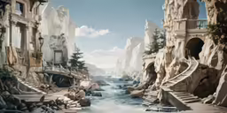 there is an animated scene of a river with stairs
