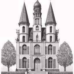 an architectural drawing of a church with turrets and stairs