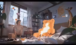 a woman sits on her bed next to a stuffed animal and a lit candle