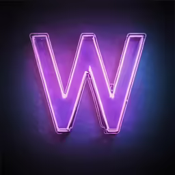 purple neon light up letter w on a black background
