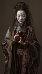 a woman dressed in oriental dress with a white face,a geisha with black hair and tattoos holding something