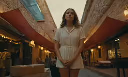 the girl in a short dress is standing in front of an open room