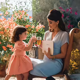 a woman with a little girl who is holding a wine glass