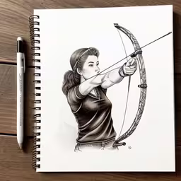 this is a drawing of an arrow girl in black and white,an ink painting of a female archer, aiming a bow,the drawing depicts a woman holding a bow, shooting a target,an artistic drawing of a girl holding a bow and a pencil,a drawing of a woman shooting an arrow at a target