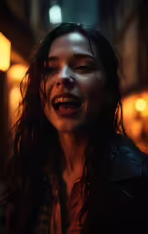 a woman with freckled hair wearing a black jacket and smiling at someone