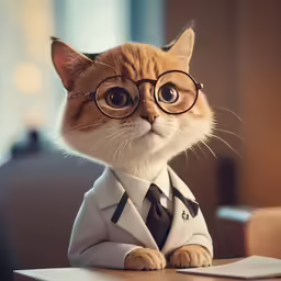 a cat dressed as a doctor has glasses and is looking confused