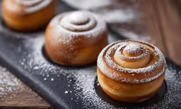 three pastry buns on a counter with sugar on them