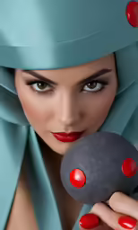 woman posing in dress with large black ball