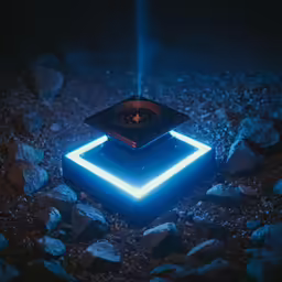 this is a dark picture of rocks, gravel, and a square light