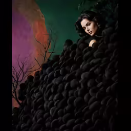 a woman poses among stacks of rocks in front of a colorful background