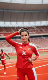 a beautiful young woman in red sports clothes