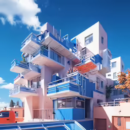 a swimming pool outside an apartment building in the ocean