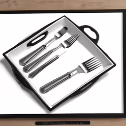a boxed set of knives and spoons sits in a cardboard box