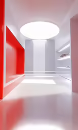 the white and red bathroom has a round light above it