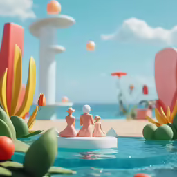 small figurines of two women sitting on top of a little raft