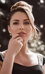 a model wearing beaded gown posing for a photo