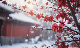 the red flowers are blooming on the tree
