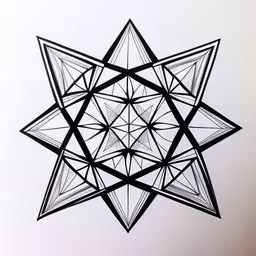 a black and white drawing of a star on the wall,black and white picture of an abstract star,some kind of unusual artwork on a white wall,a sketch made using black and white pen on paper,the black and white image shows a point - shaped star, possibly a polygonic object