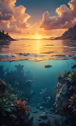 a painting of the sun setting in an ocean