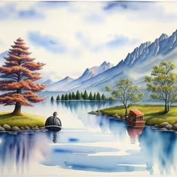 a painting of a man sitting near water with trees,a painting of a man and boat on a water scene