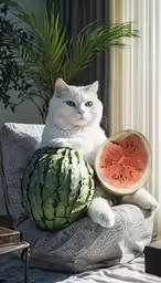 a white cat sitting on top of a chair near watermelon