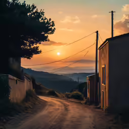 the sun sets over mountains on a dirt road