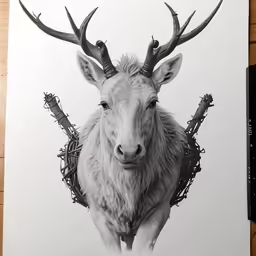 a drawing of an elk wearing a wreath