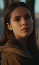 a woman wearing a jacket and pearls looks at the camera