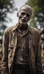 a man dressed as a zombie walks through the woods