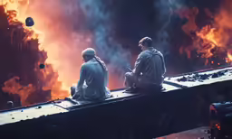 two men are sitting on a rail in front of the fire