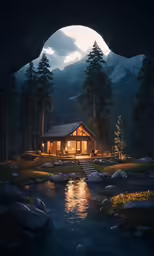 a small cabin in the middle of a mountain by water