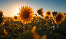 a large field of sunflowers are in the middle of a sun setting
