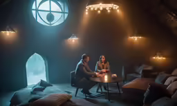 a couple of people sitting in front of a table