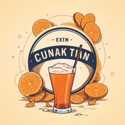 an orange drink with a straw is in the middle of a circular emblem