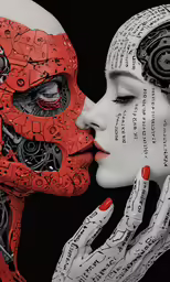 two women face to face, each with mechanical body parts