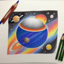 drawing of planets and the sun in pencil,two colors of paint are next to some pencils,this is an image of pencils and crayons,a drawing of saturn and its two main planets,colored pencils and markers are shown with a drawing of a saturn