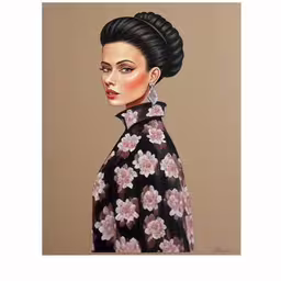 a drawing of a woman with black hair and flowers in her dress,painting of a woman with a flowery dress,a painting of a woman with braids on her hair,the image is of an artwork of a woman wearing black,there is a painting with a girl wearing a flowered dress and earrings